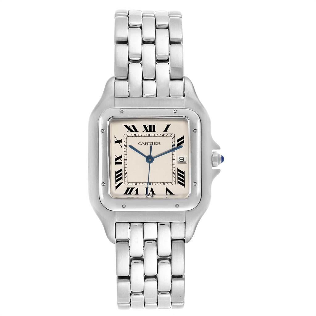 Cartier Panthere Jumbo 29mm Stainless Steel Mens Watch W25032P5. Quartz movement. Stainless steel case 29 x 29 mm. Octagonal crown set with the blue spinel cabochon. Stainless steel polished fixed bezel, secured with 8 stainless steel pins. Scratch
