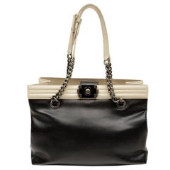 Chanel Black and Cream Leather Boy Bag Tote