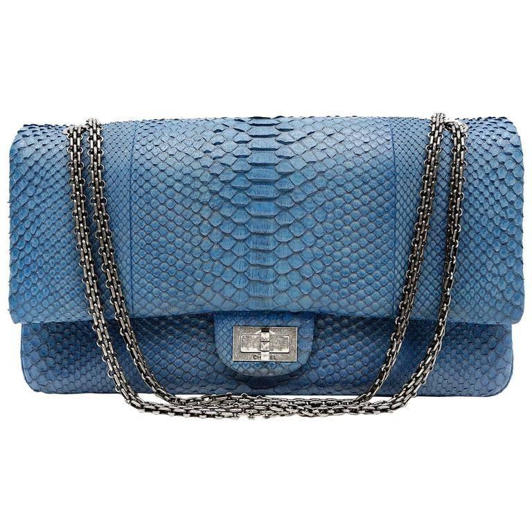 Chanel Blue Grey Python Maxi Shoulder Bag