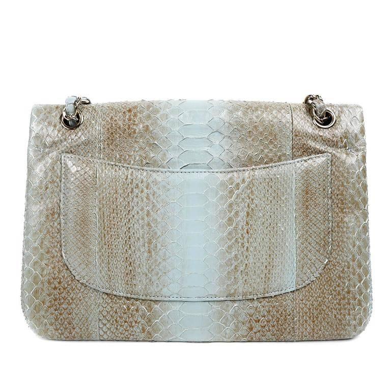 Chanel Python Degrade Jumbo Classic Double Flap- PRISTINE; appears never carried Incredibly stunning, the head turning exotic is in shades of hazelnut and pale blue with silver hardware. Luxe python skin in medium hazelnut brown with shades of pale