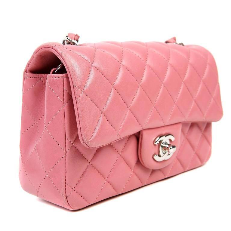 Chanel Pink Lambskin Mini Classic Flap SHW In Excellent Condition In Palm Beach, FL