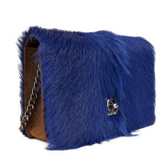 Chanel Blue Orlay Fur and Distressed Brown Leather Wallet on a Chain WOC