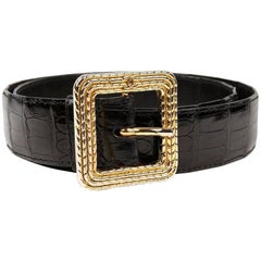 Chanel Black Crocodile Belt with Gold Square Buckle