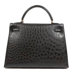 Hermes Black Ostrich 32 cm Kelly with Gold Hardware