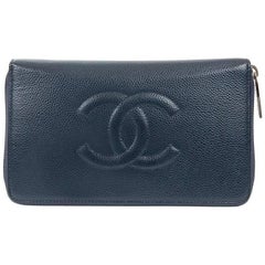 Chanel Navy Caviar Leather XL Zip Wallet