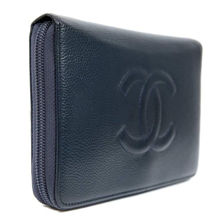 Black Chanel Navy Caviar Leather XL Zip Wallet