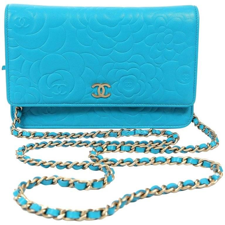 Chanel Turquoise Camelia Embossed Leather WOC Wallet on a Chain