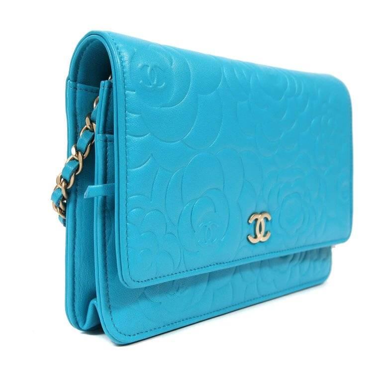 Chanel Turquoise Camelia Embossed Leather WOC Wallet on a Chain In Excellent Condition In Palm Beach, FL