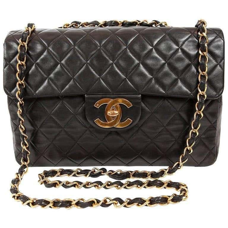 Chanel Vintage Black Lambskin Maxi Classic Flap with Gold Hardware at ...