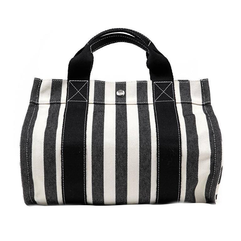 Hermes Black and White Striped Canvas Tote with pochette For Sale