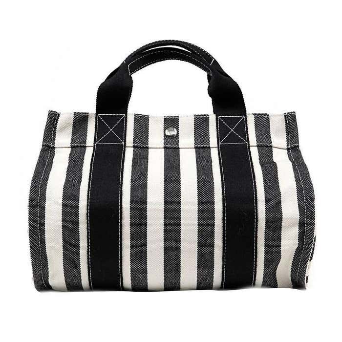 Hermes Black and White Striped Canvas Tote with pochette For Sale at ...