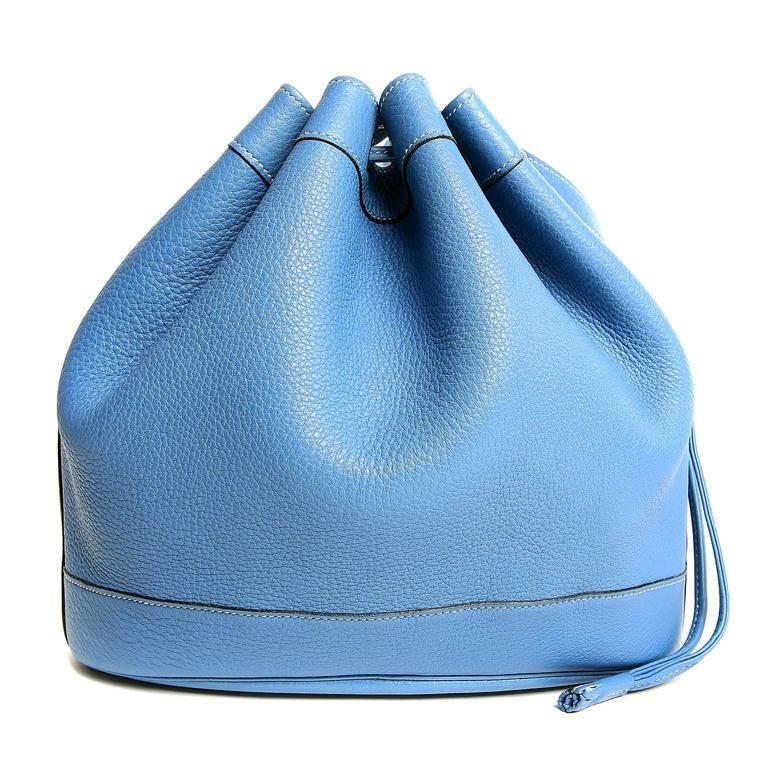 Hermes Blue Jean Clemence Large Market Bag- PRISTINE condition. A drawstring bucket style shoulder bag, the Market Bag is considered rare and not often found in the U.S. market. Clemence is textured and scratch resistant leather made from the hide
