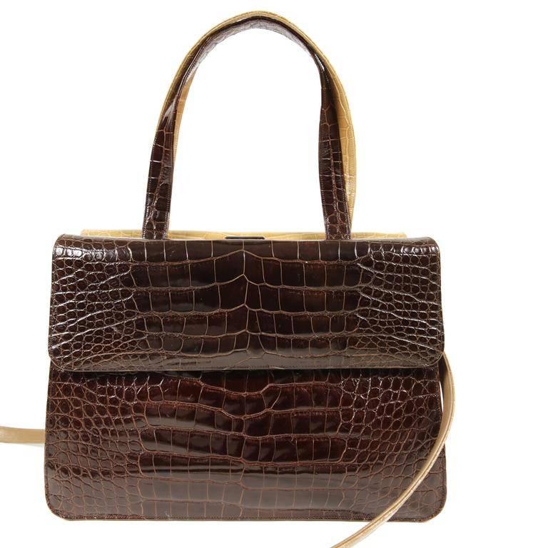 Judith Leiber Crocodile Double Sided Bag- Pristine Totally unique,this Judith Leiober rare collectible is designed to be two bags in one: camel on one side and deep ebony on the other. Porosus crocodile skin bag is identical in design on both sides;