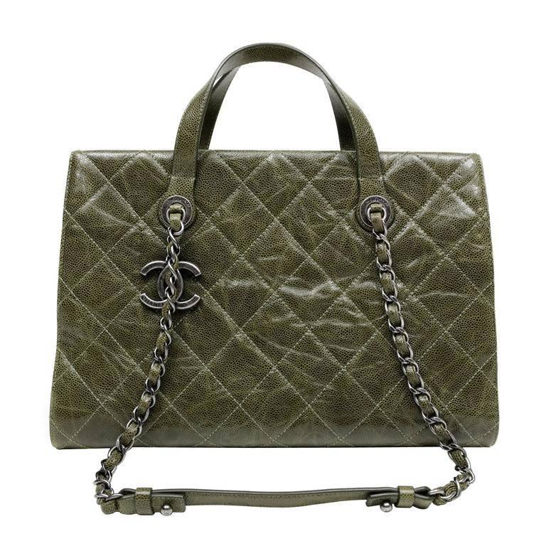 Chanel Olive Green Caviar Leather Crave Tote Bag