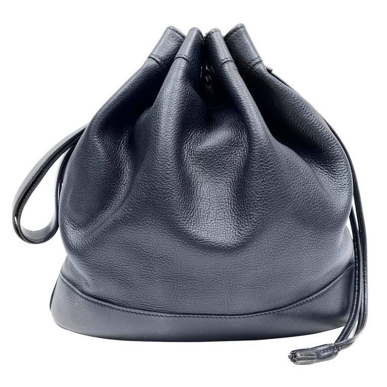 Hermes Indigo Leather Drawstring Market Bucket Bag