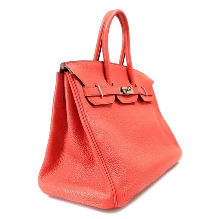 Hermes Bougainvillea Clemence 35 cm Birkin -PRISTINE. A lovely red with a touch of pinky undertone paired with Palladium hardware. Clemence is textured and scratch resistant, made from the hide of baby bull. Known to hold the shape of the bag well