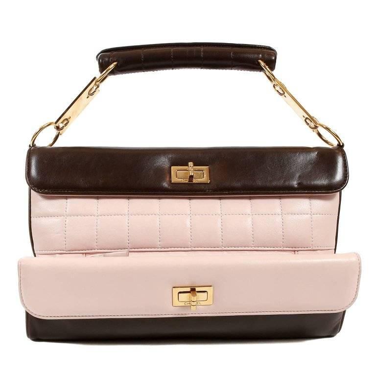 Chanel Pink and Brown Lambskin Clutch with Handle