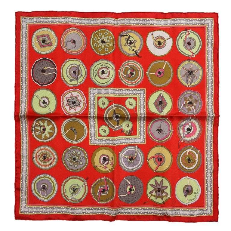Hermes Red Silk Belles du Mexique Pochette Pocket Square For Sale
