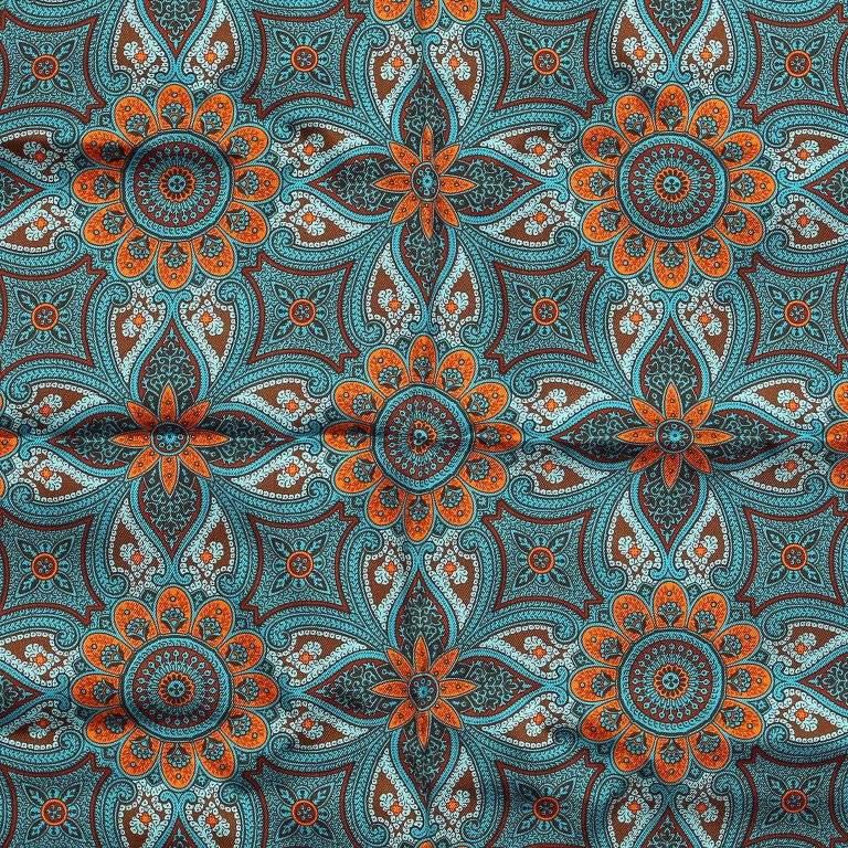 This authentic Hermes Cachemire Ancien Pochette Scarf is pristine. Moroccan tile geometric design in greens and teals with orange border and accents. 100% silk. A236