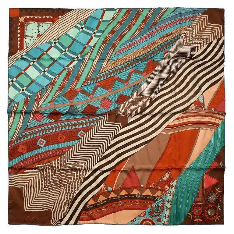 Hermes Brown Turquoise Coupons Indiens 90 cm Scarf For Sale