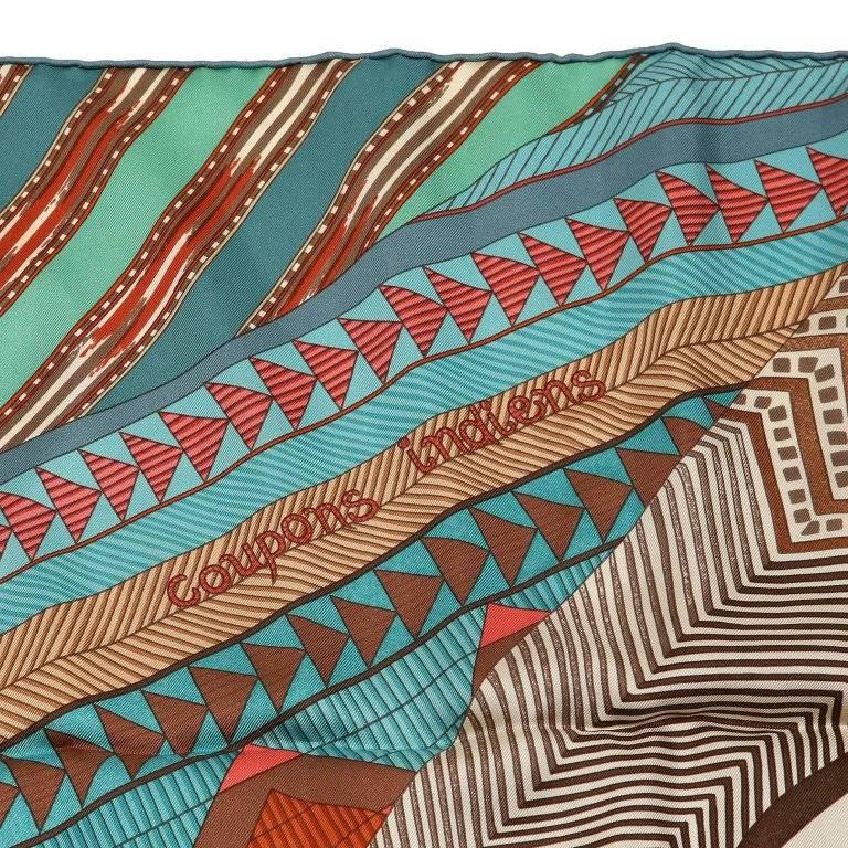 Hermes Brown Turquoise Coupons Indiens 90 cm Scarf In Excellent Condition For Sale In Palm Beach, FL