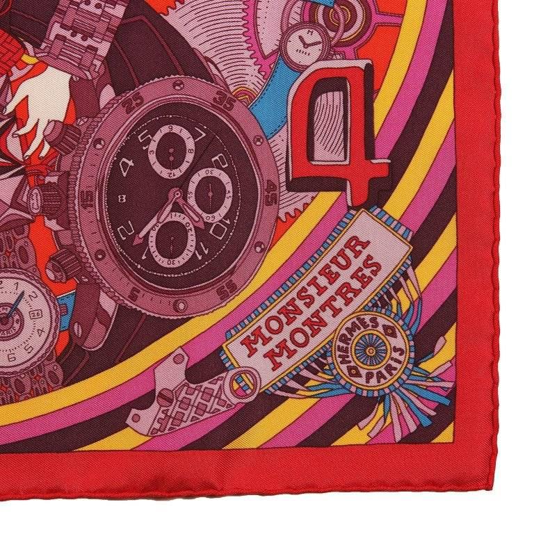 This authentic Hermes Monsieur Montres Silk Pochette Scarf is new. Designed by Pierre Marie in 2011. Red background features a man made up of various parts of time pieces. Watch bands, parts and faces surround the backdrop. Made in France. 100%