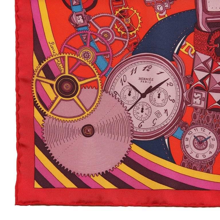 Hermes Monsieur Montres Silk Pochette Scarf- Red In Excellent Condition In Palm Beach, FL