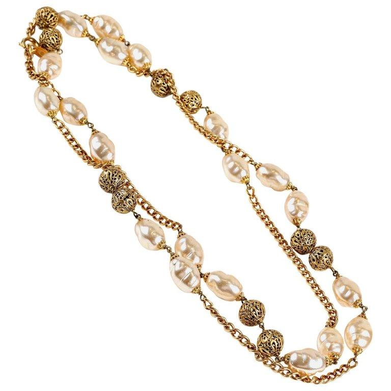 Chanel Baroque Pearl and Gold Chain Long Necklace