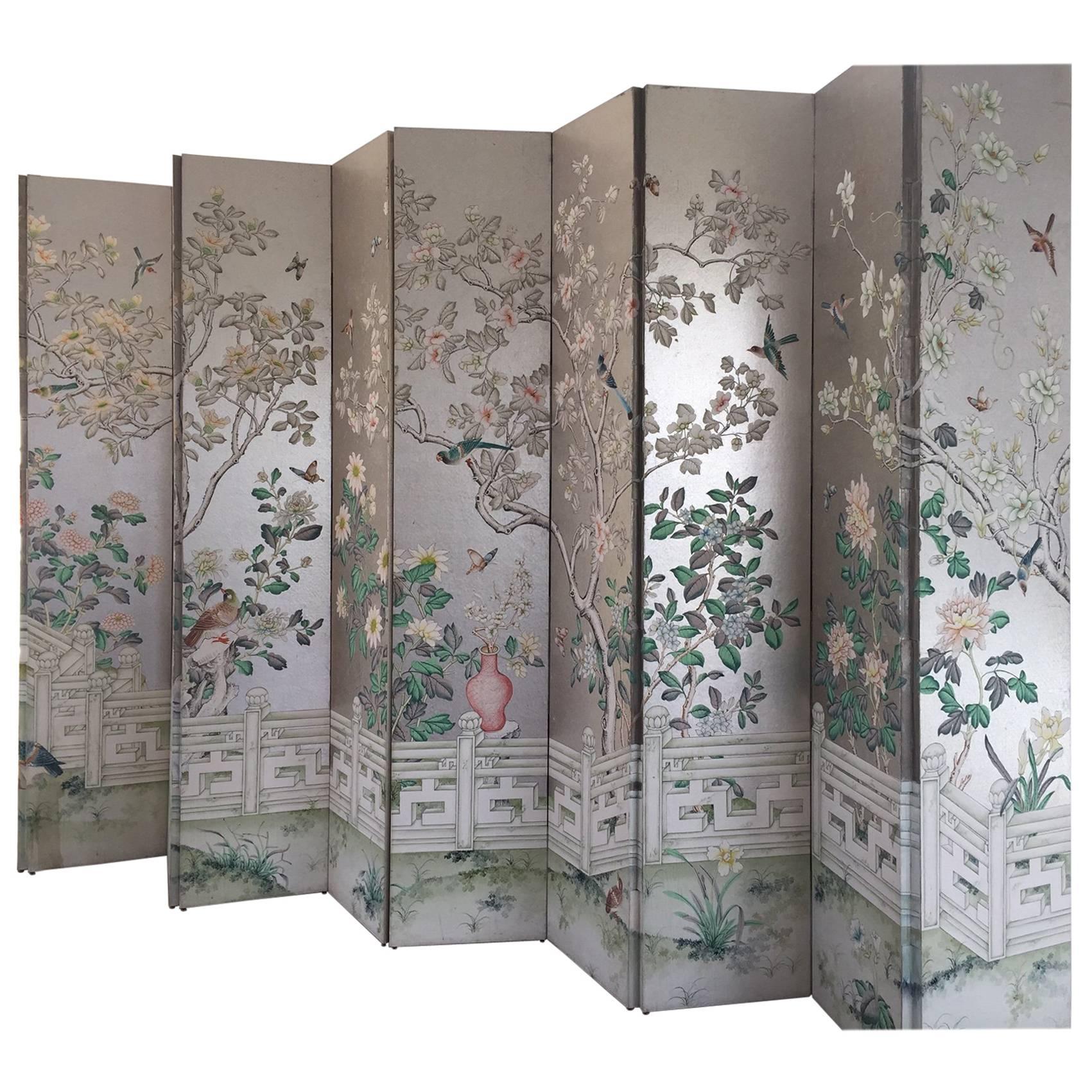 Magnificent and Monumental Silver Leaf Hand-Painted Pair of Five-Panel Screens