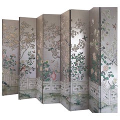 Retro Magnificent and Monumental Silver Leaf Hand-Painted Pair of Five-Panel Screens