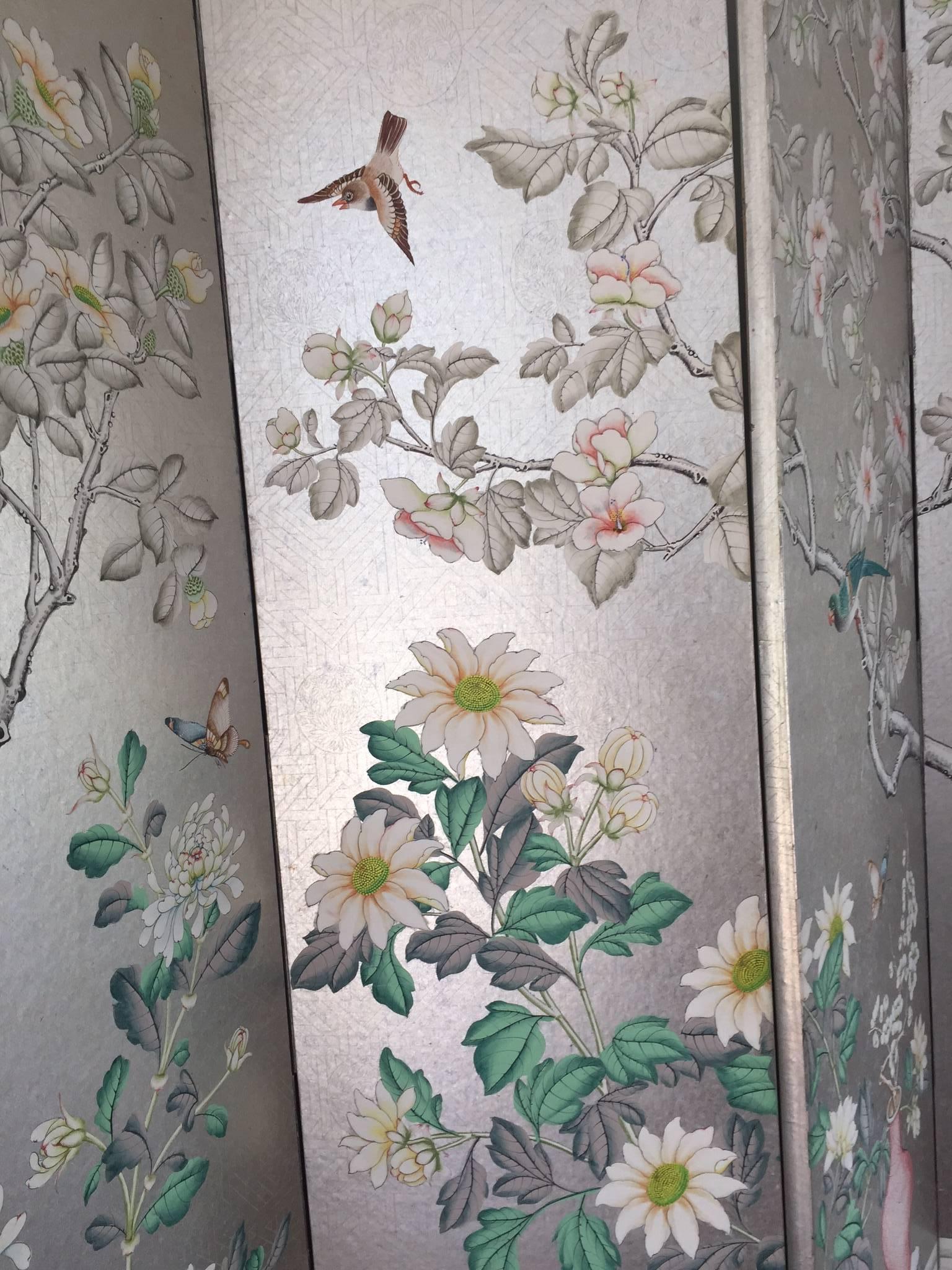 American Magnificent and Monumental Silver Leaf Hand-Painted Pair of Five-Panel Screens