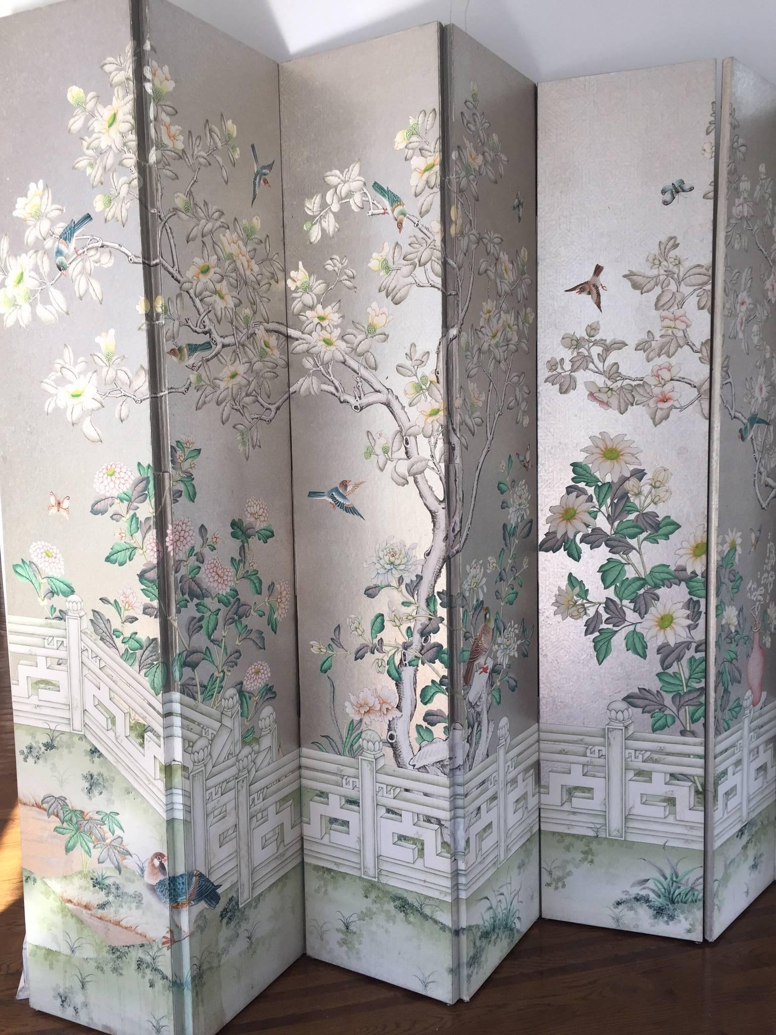 Magnificent and Monumental Silver Leaf Hand-Painted Pair of Five-Panel Screens In Excellent Condition In Hopewell, NJ