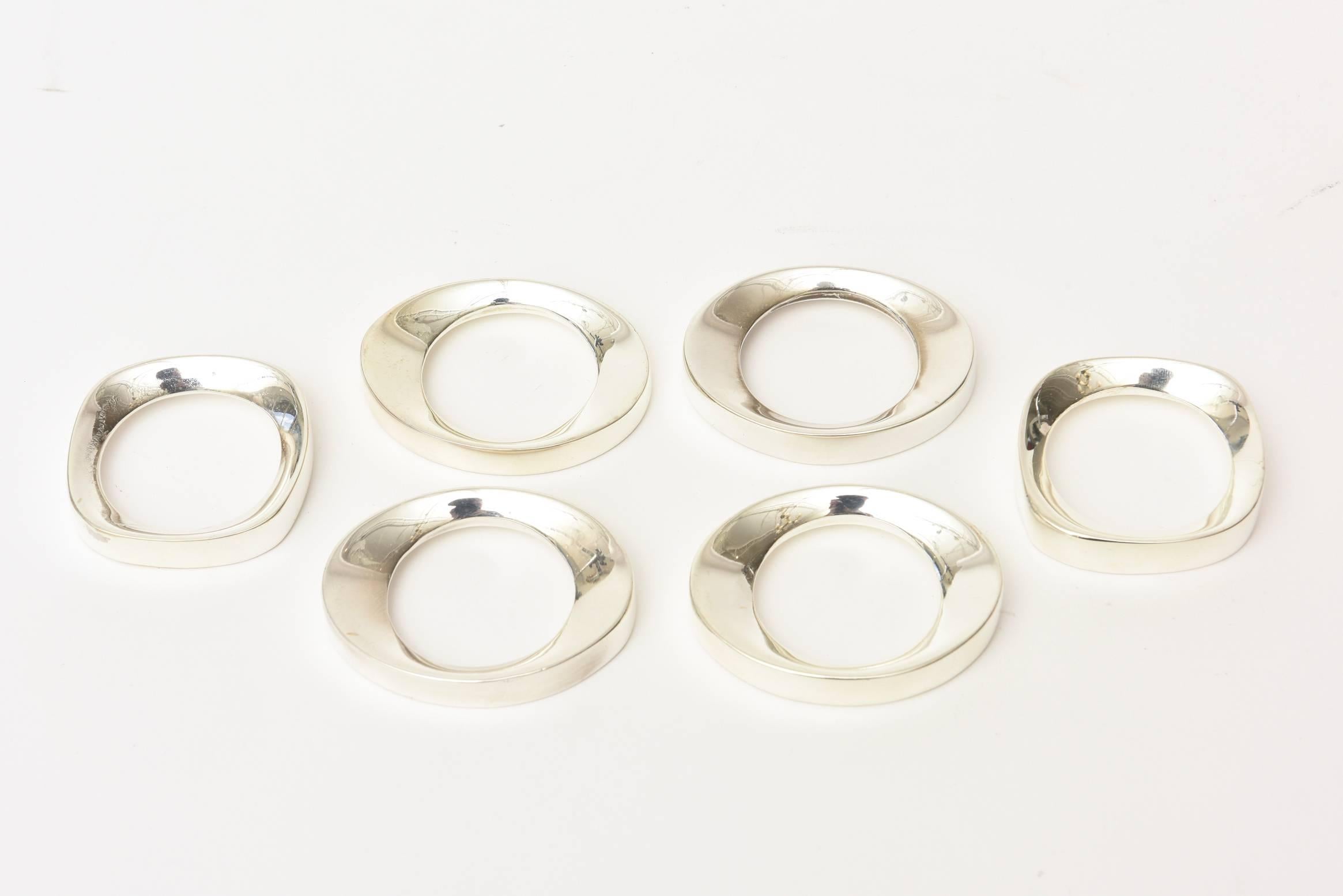 Mid-Century Modern Silver Plate Modernist Sculptural Napkin Rings Set of 6 Vintage For Sale