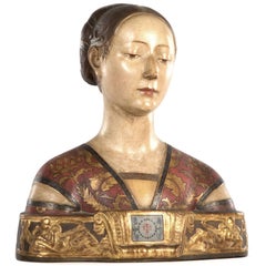 Antique Hand Painted Terracotta Bust of a Princess of Aragon after Francesco Laurana