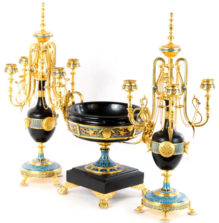 Very Fine French Cloisonné, Marble, and Ormolu Garniture In Good Condition For Sale In Salt Lake City, UT