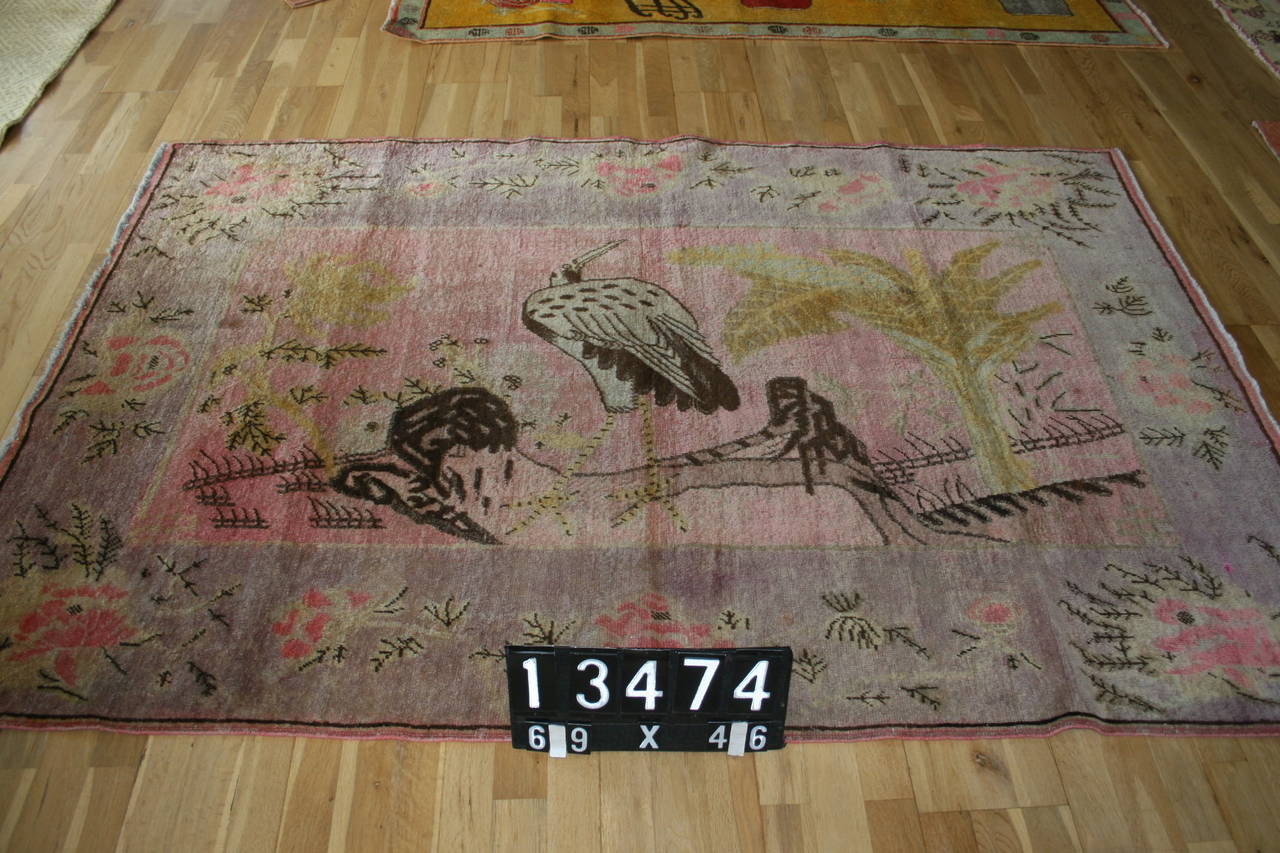 Antiker malerischer Yarkand-Teppich. Das Design zeigt eine Art-Déco-Darstellung der Paradiesvögel. Viele Yarkand-Teppiche neigen zu malerischen Darstellungen mit chinesischen Details, zentralasiatischen Mustern und westlicher, lebendiger Farbgebung.