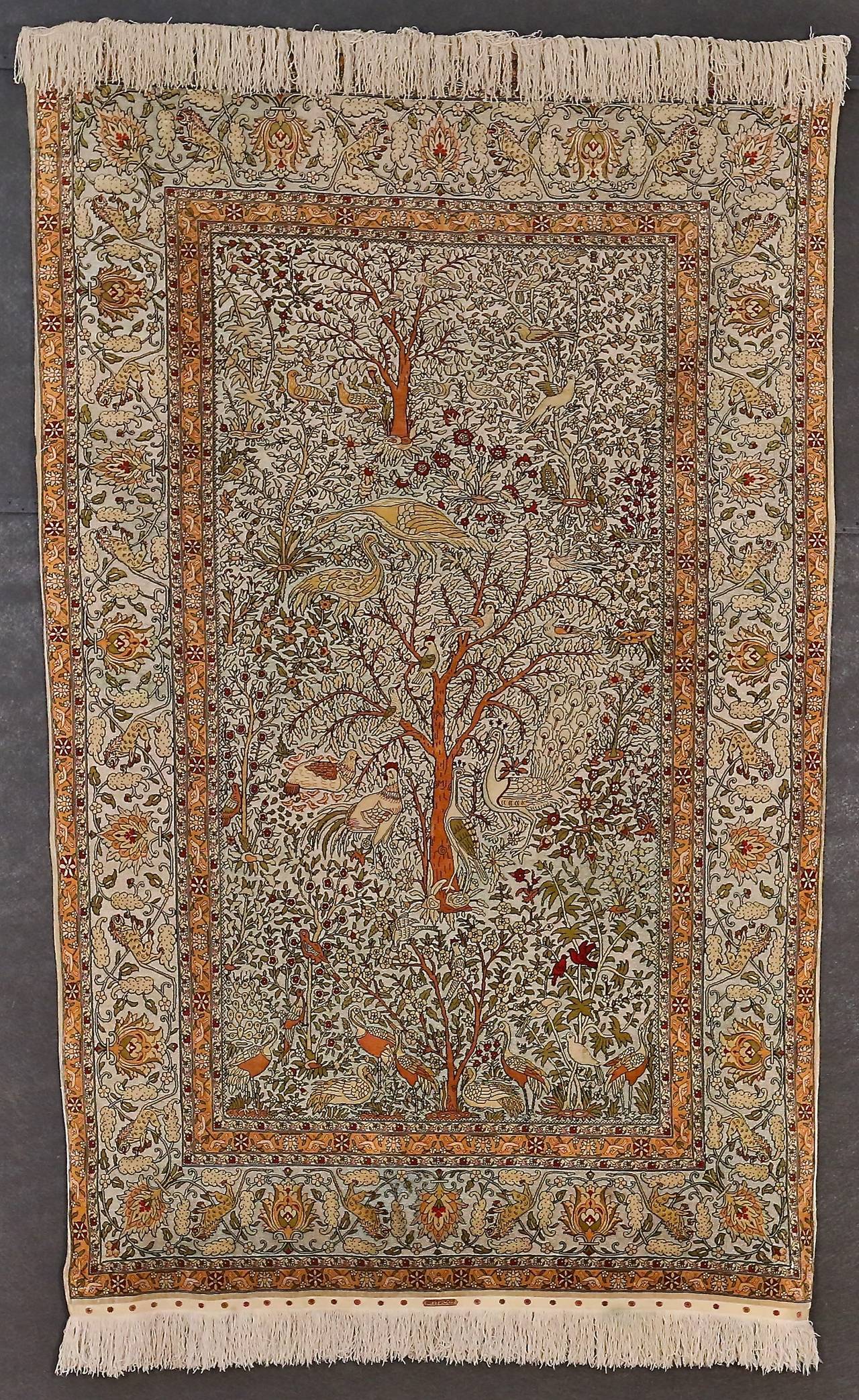 Vintage Pure Silk and Metallic Pictorial Hereke Carpet