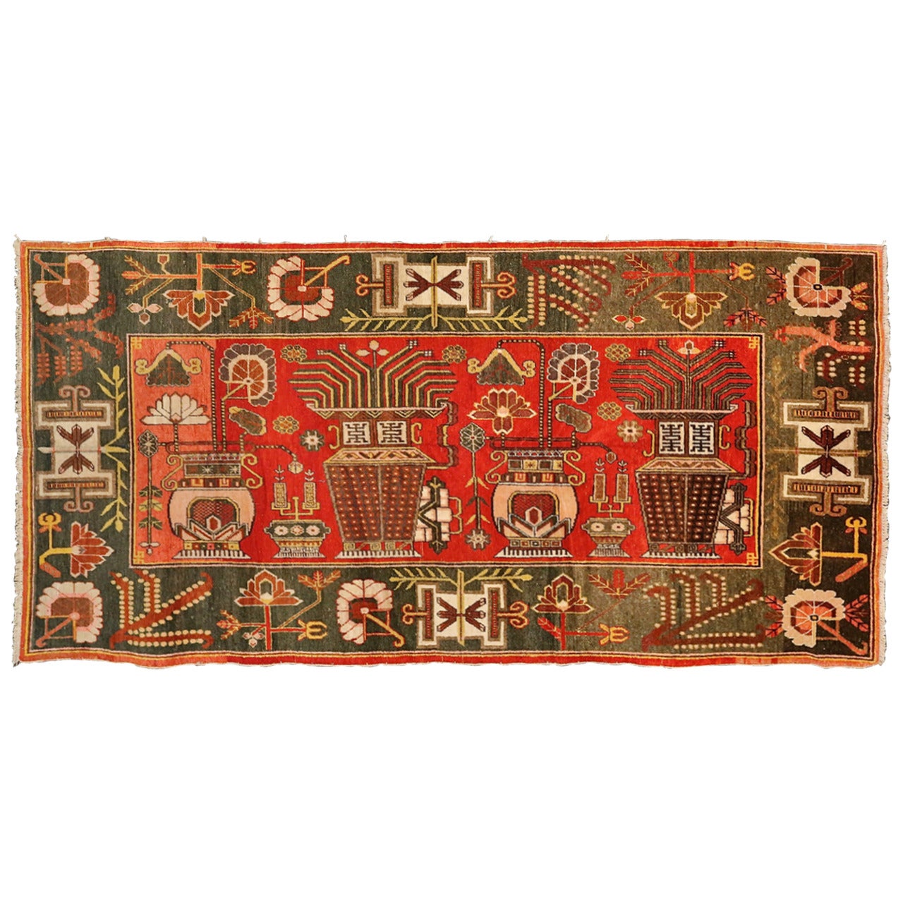 Antique Pictorial Yarkand Rug with Vases For Sale