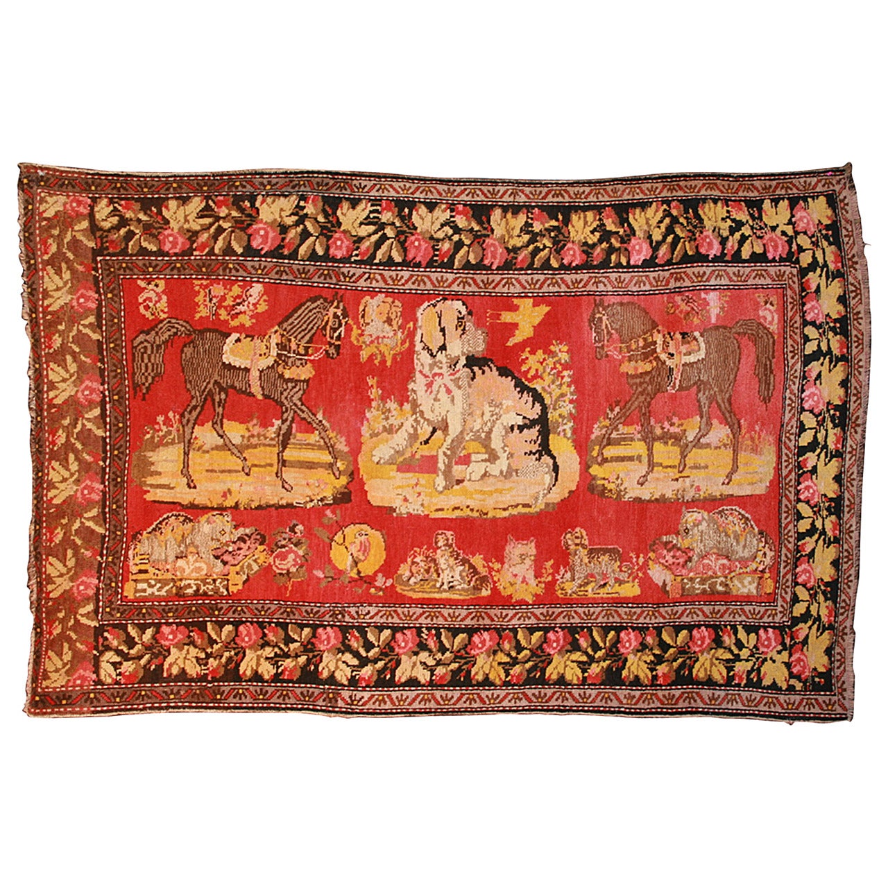 Antique Pictorial Karabagh with Horses and Dogs For Sale