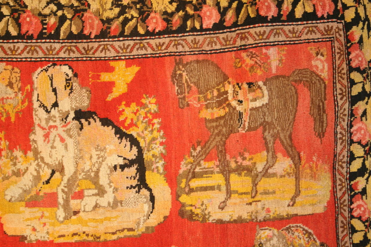 This pictorial rug was woven in Karabagh as a dowry gift.  The horses are the folkkloric hero of the story of the Armenian king, racing through the kingdom, to warn the villages of the impending attack from the Persian army during the 3rd century. 