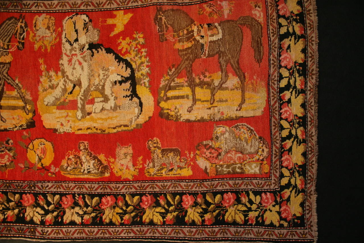 Armenian Antique Pictorial Karabagh with Horses and Dogs For Sale