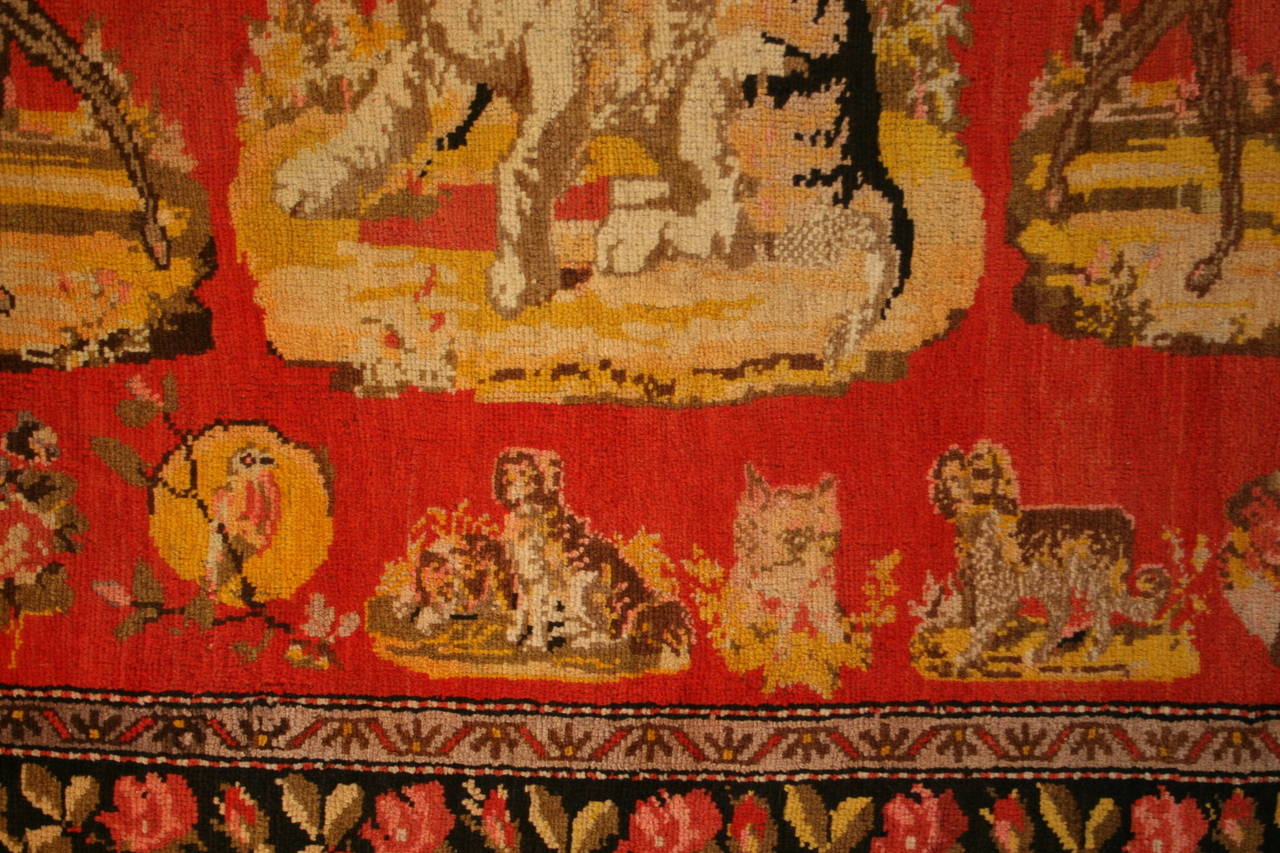 Woven Antique Pictorial Karabagh with Horses and Dogs For Sale
