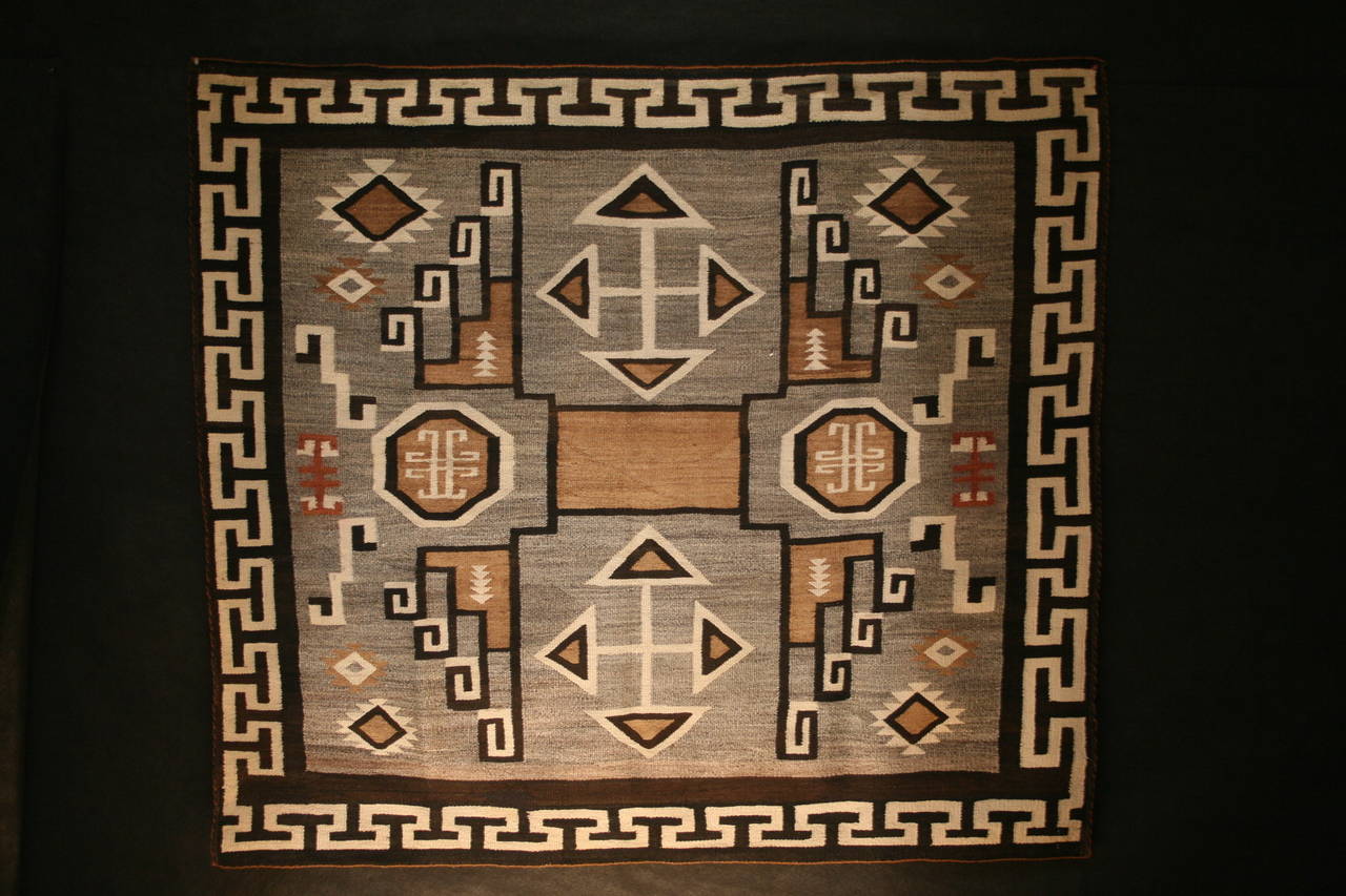 Unusual Antique Square Two Gray Hills Storm Pattern Variant Navajo In Excellent Condition For Sale In Aspen, CO