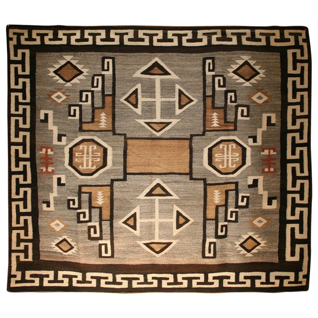 Unusual Antique Square Two Gray Hills Storm Pattern Variant Navajo For Sale
