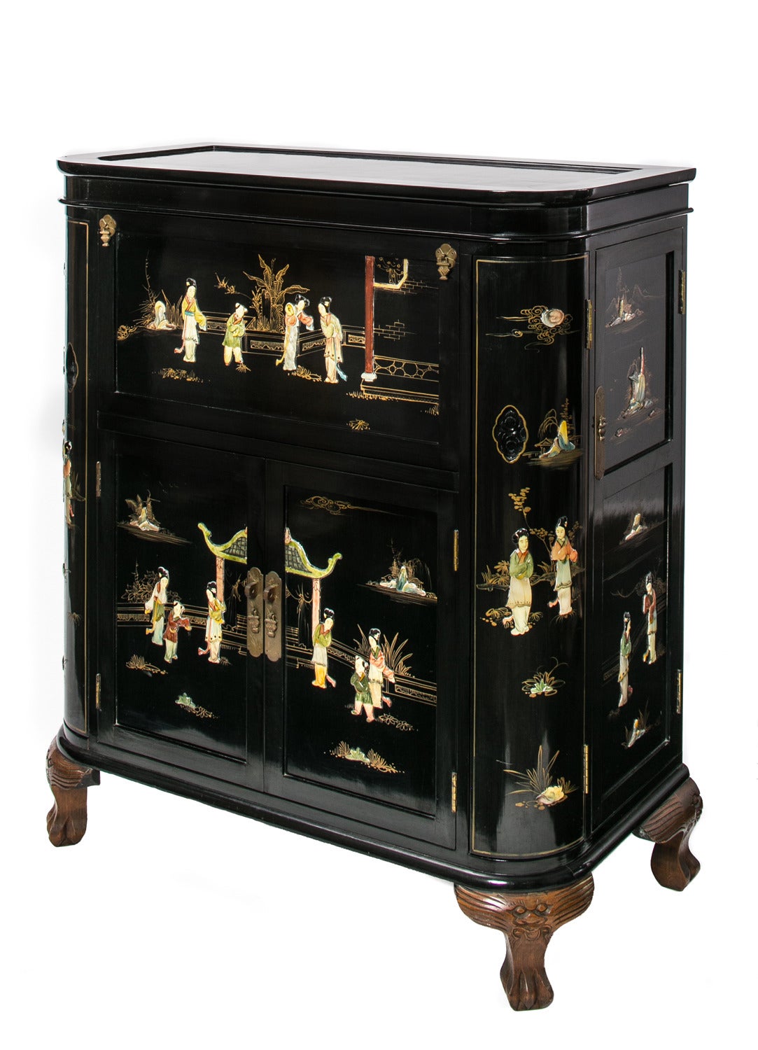 Central Asian Regency Black Lacquer Chinoiserie Claw Foot Drinking Cabinet For Sale