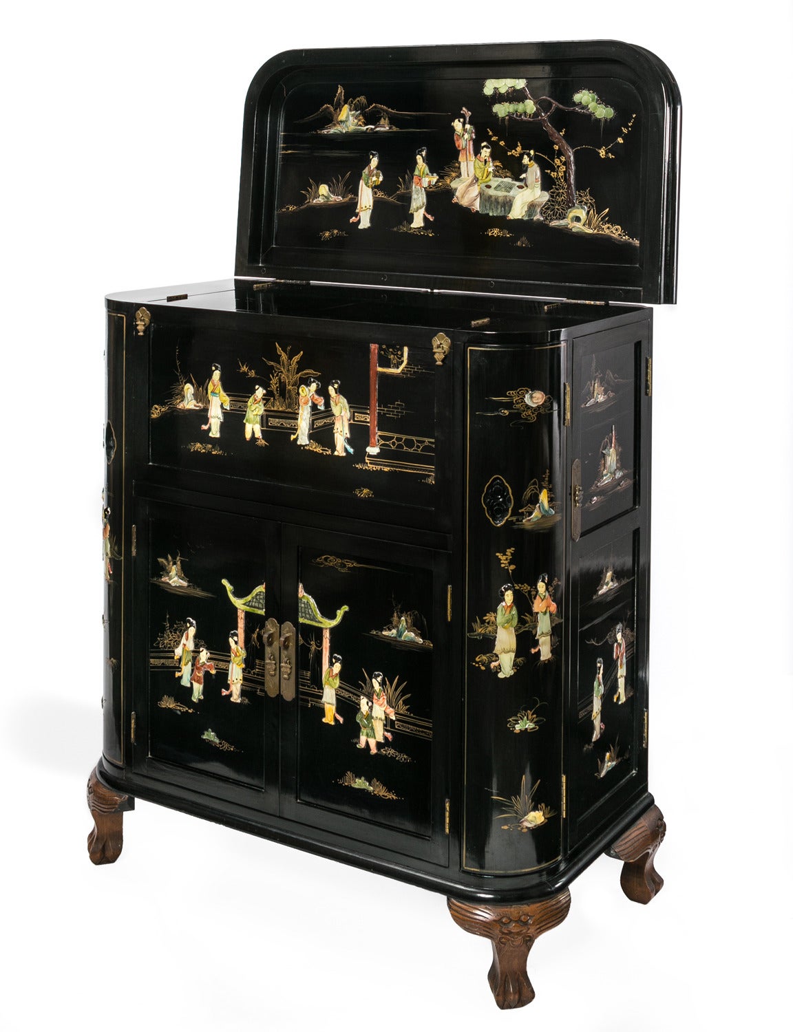 Regency black lacquer chinoiserie claw foot drinking cabinet unfolds with multiple compartments. Closed dimensions are: Height: 42