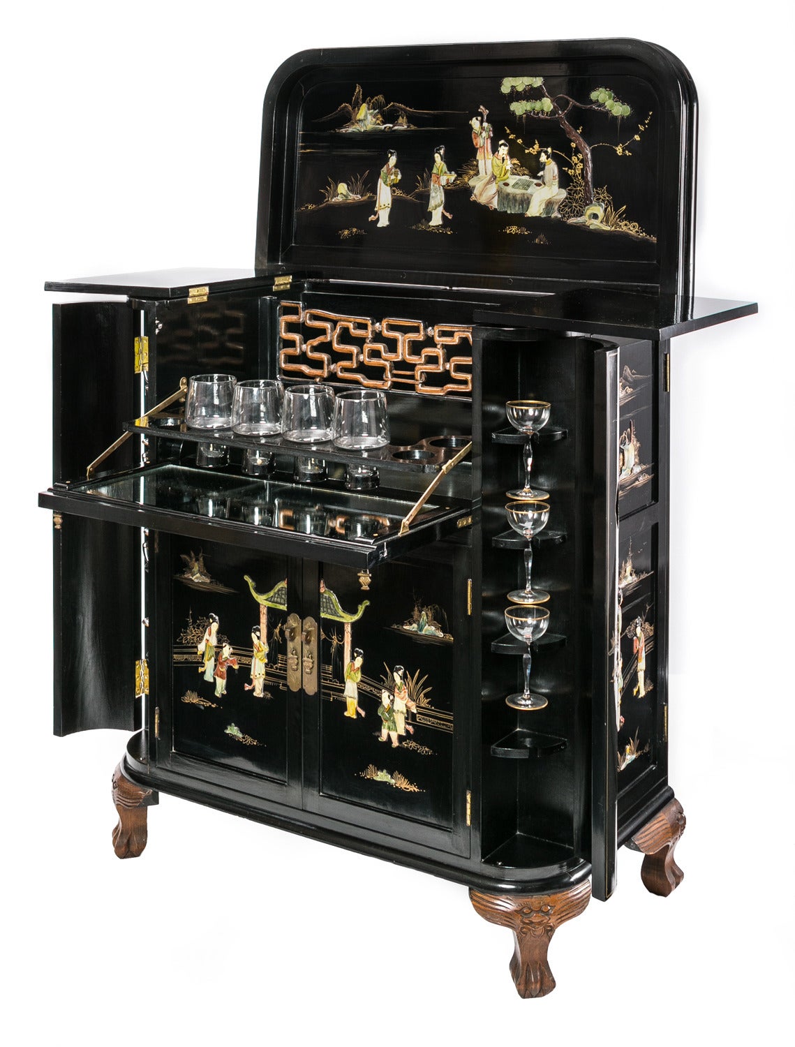 Appliqué Regency Black Lacquer Chinoiserie Claw Foot Drinking Cabinet For Sale