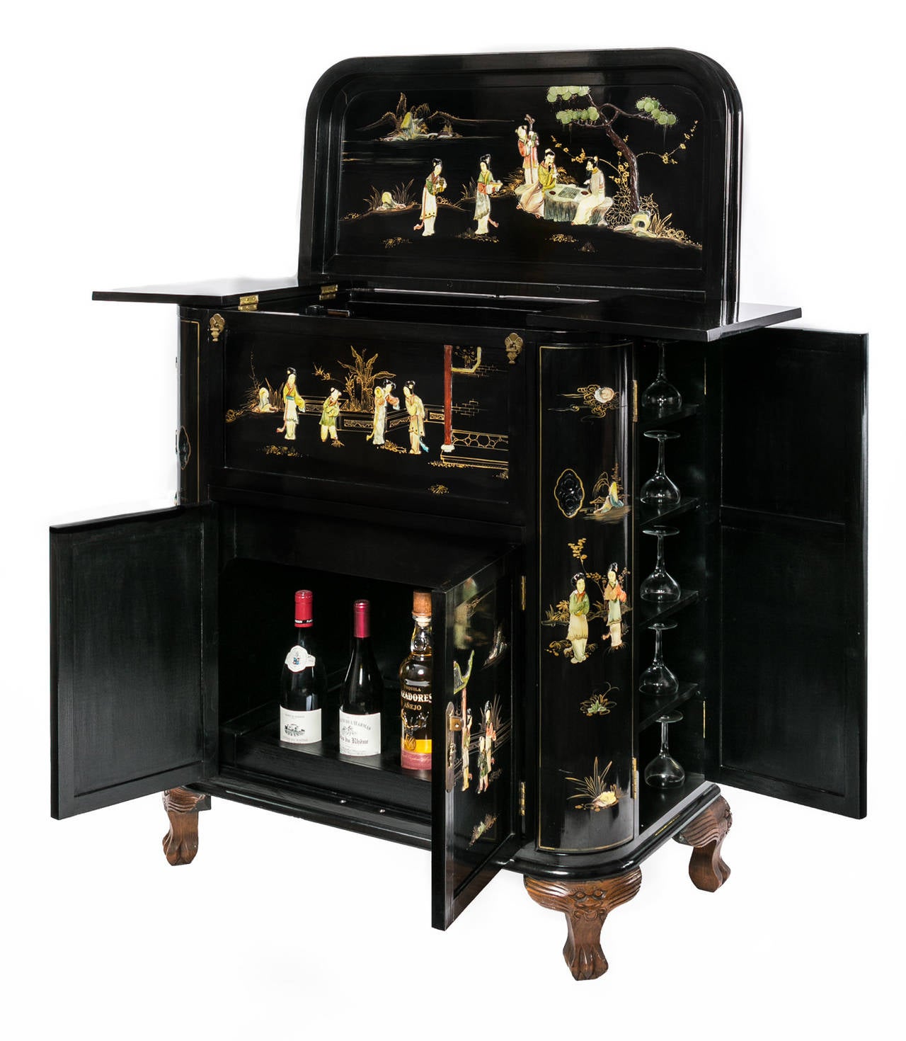 Regency Black Lacquer Chinoiserie Claw Foot Drinking Cabinet In Excellent Condition For Sale In Los Angeles, CA