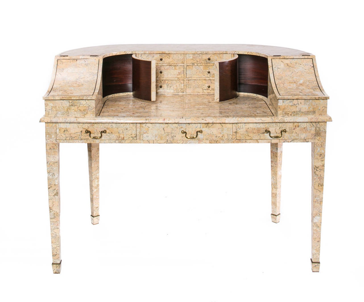 Peach marble tiled mahogany desk with curved back and multiple compartments.