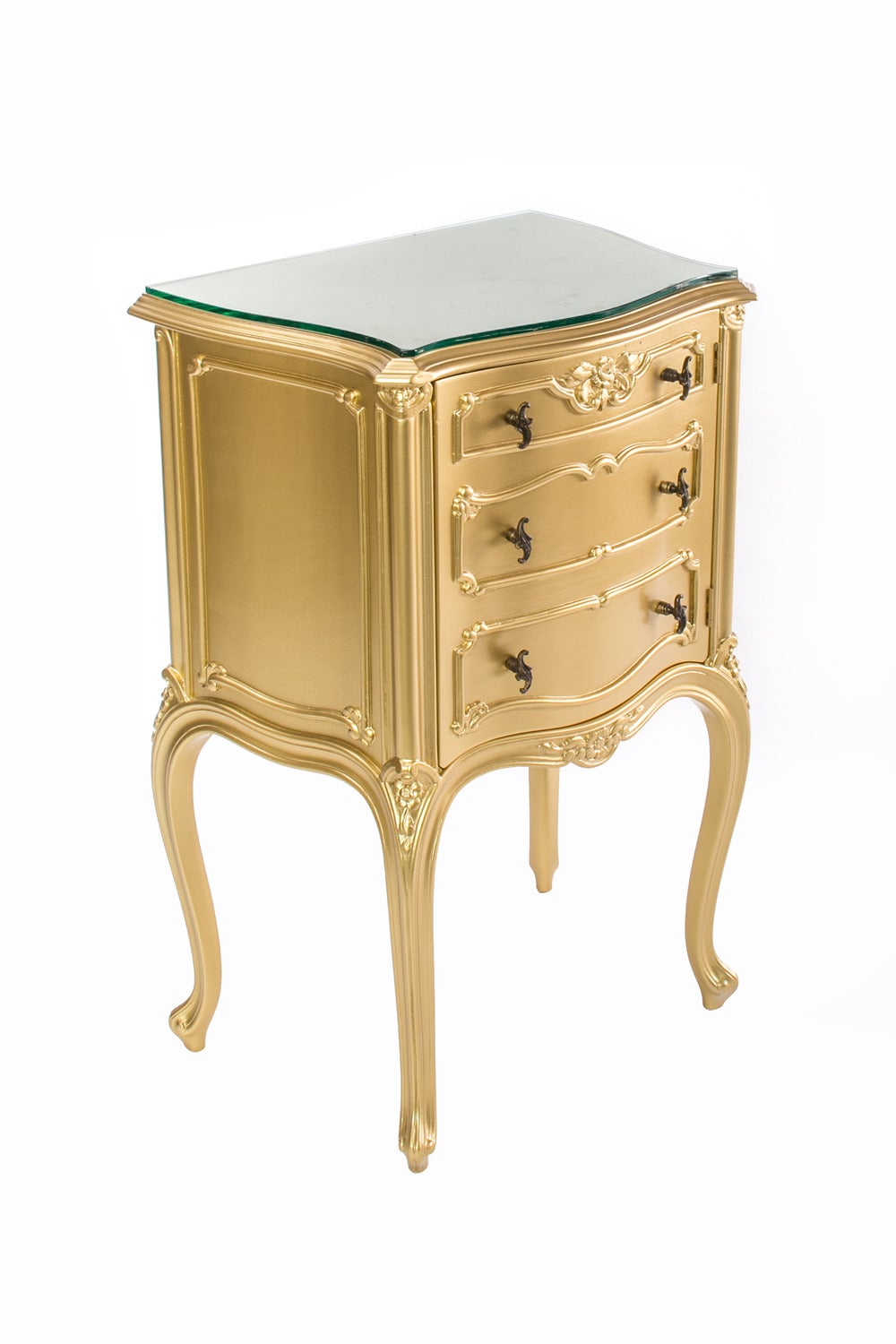 The timeless elegance of the Baroque style has been executed in a beautifully designed frame with gold leaf detail and hand-painted finishes make it the perfect night stand.

This ornate Louis XV styled 1 door, 1 self side tables are handmade and